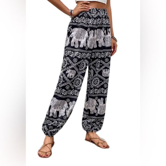 Women's Elephant Print Jogger Pants ~ palazzo for Women Navy / Cream - Picture 6 of 8